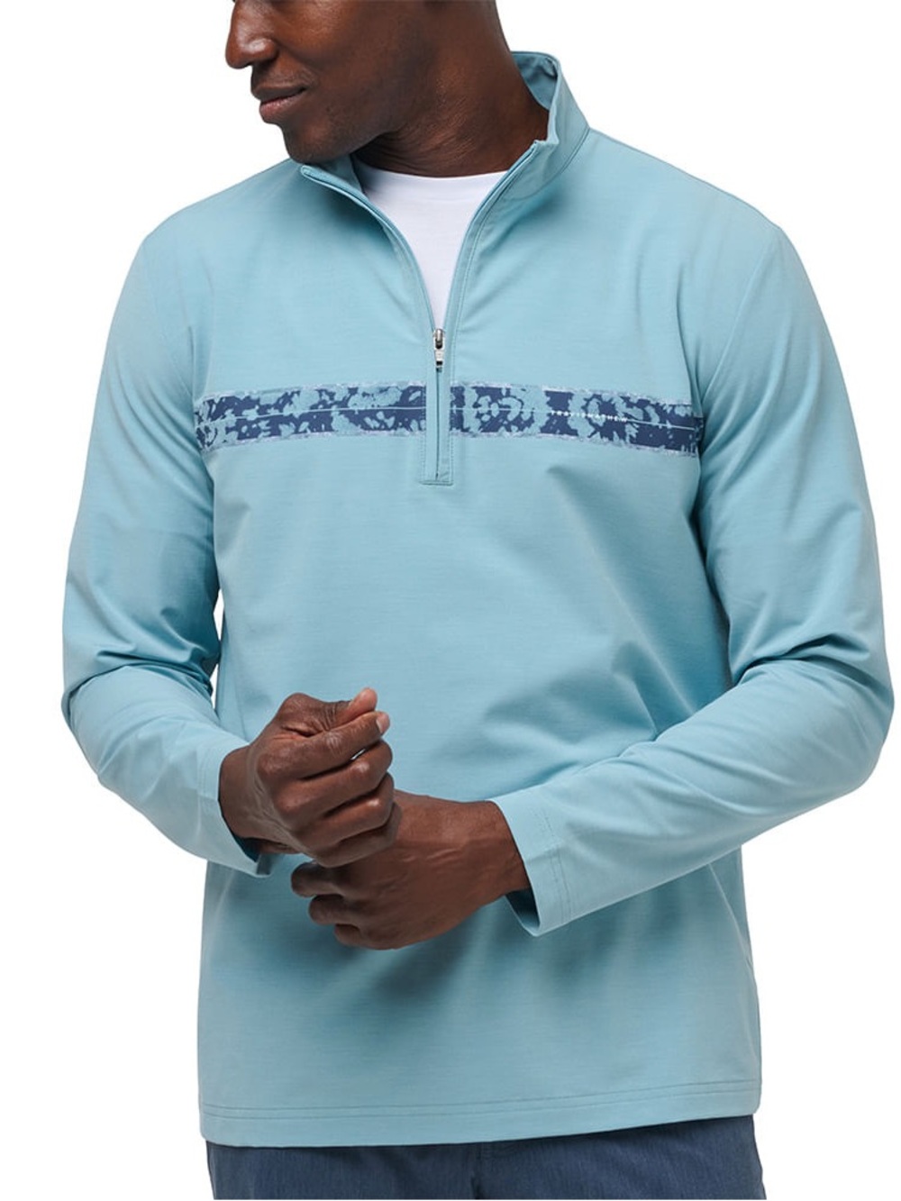 Travis Mathew Sky Blue Half-Zip Rash Guard with Navy Stripe